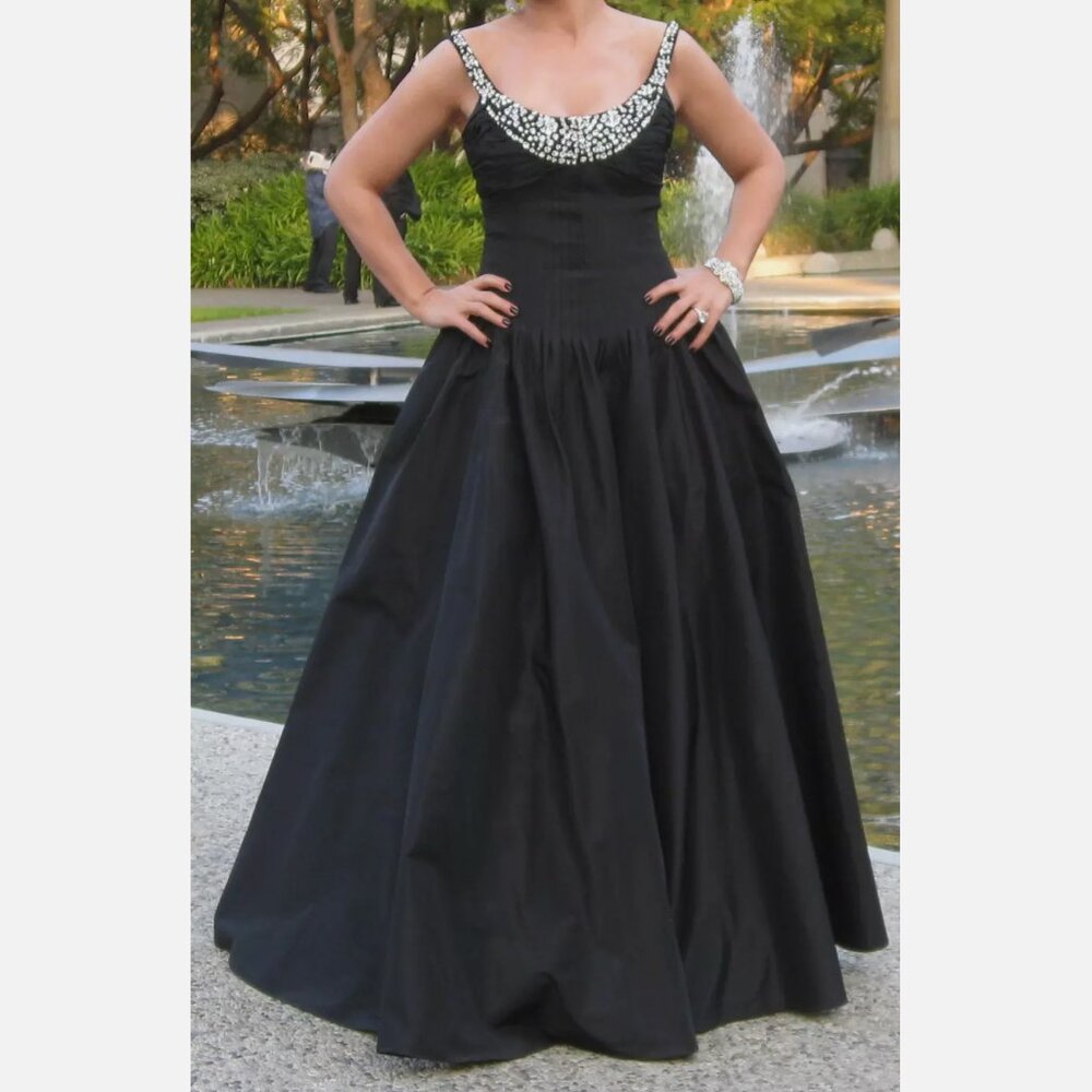 Rickie Freeman for Teri Jon Black Silk Evening Gown with Crystals, Size 8